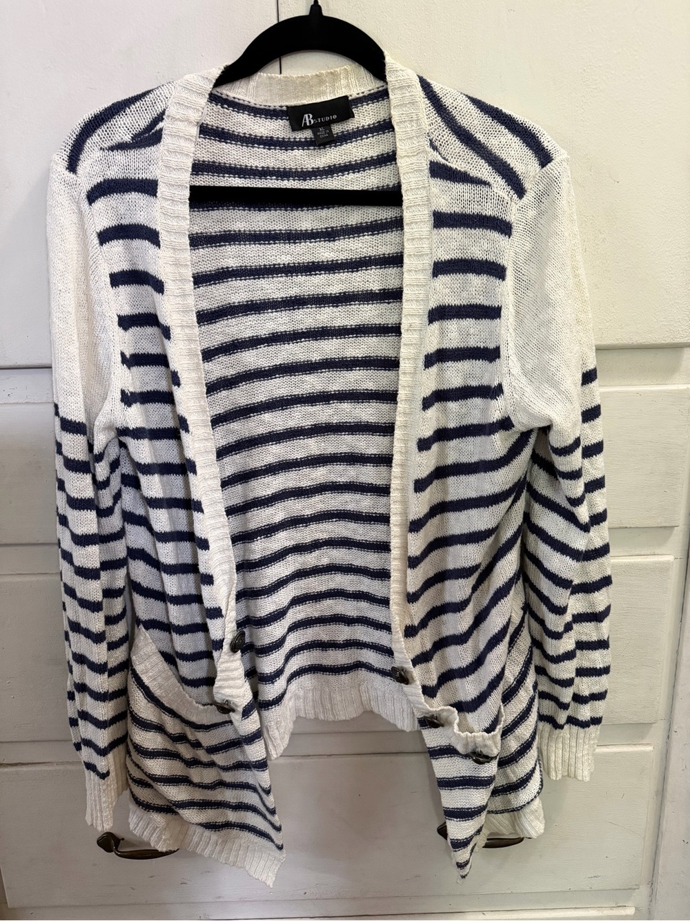 AB Studio White and Navy Striped Open-Front Cardigan